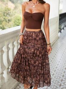 SHEIN VCAY 2pcs Set Women' Solid Color Knit Cropped Tube Tank Top & High Waist Loose Skirt - Khaki - View 6