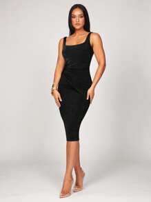 Silquee Women's Elegant Party Elastic Fabric Double Layer High-Quality Khaki Ruched Design Spring Summer Sleeveless Square/Square Neck Dress, Suitable For Commuting, Layering, Thanksgiving, Beach Holiday, Night Out, Sisterly Gathering, Beach Party, Pool Party, Holiday Outfit, Natural Party, Cabin Retreat, Romantic Valentine's Day & Date Night & Two Pieces & Romantic Date Dress