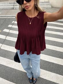 Serisse 女士纯色圆领荷叶边下摆休闲无袖衬衫