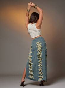 Denimoi Distressed V-Waist Denim Mini Skirt, Casual & Fashionable For Summer - Blue - View 4