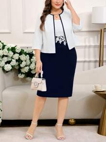 Reflora 2 件大码女士撞色蕾丝优雅连衣裙和夹克套装，通勤风格 - 彩色 - 查看 7