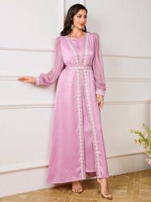 Al Najma Conjunto modesto de vestido de gasa con encaje en la parte delantera, chaleco y bata exterior de estilo abaya, con mangas de acetato de terciopelo gris-azul y diseño de parches