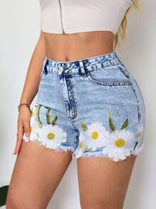 SHEIN SXY Pantalones cortos de mezclilla rectos con bordados informales para mujeres