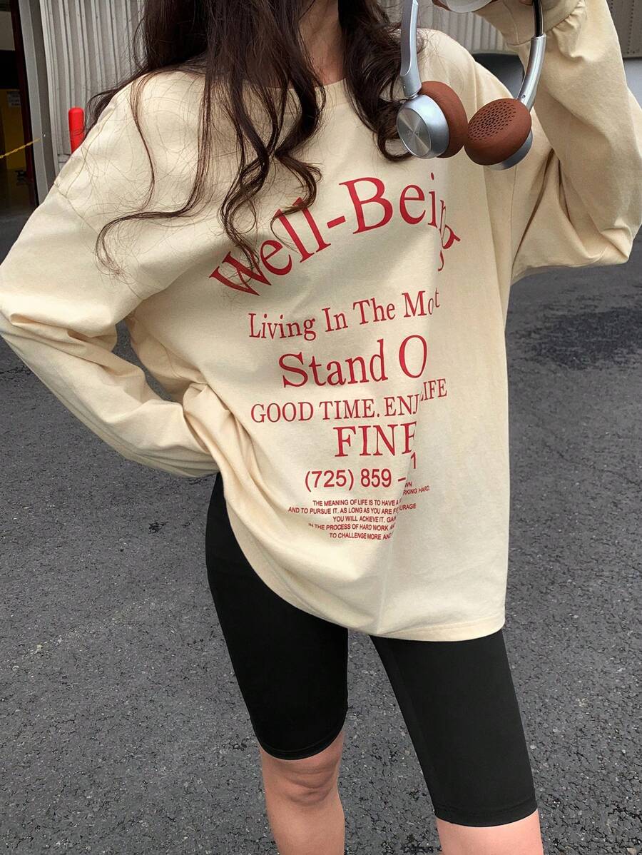 DAZY Conjunto de ropa de estar en casa de mujer con sudadera holgada con estampado de letras en jacquard y leggings cortos ajustados - Beis - Ver 1