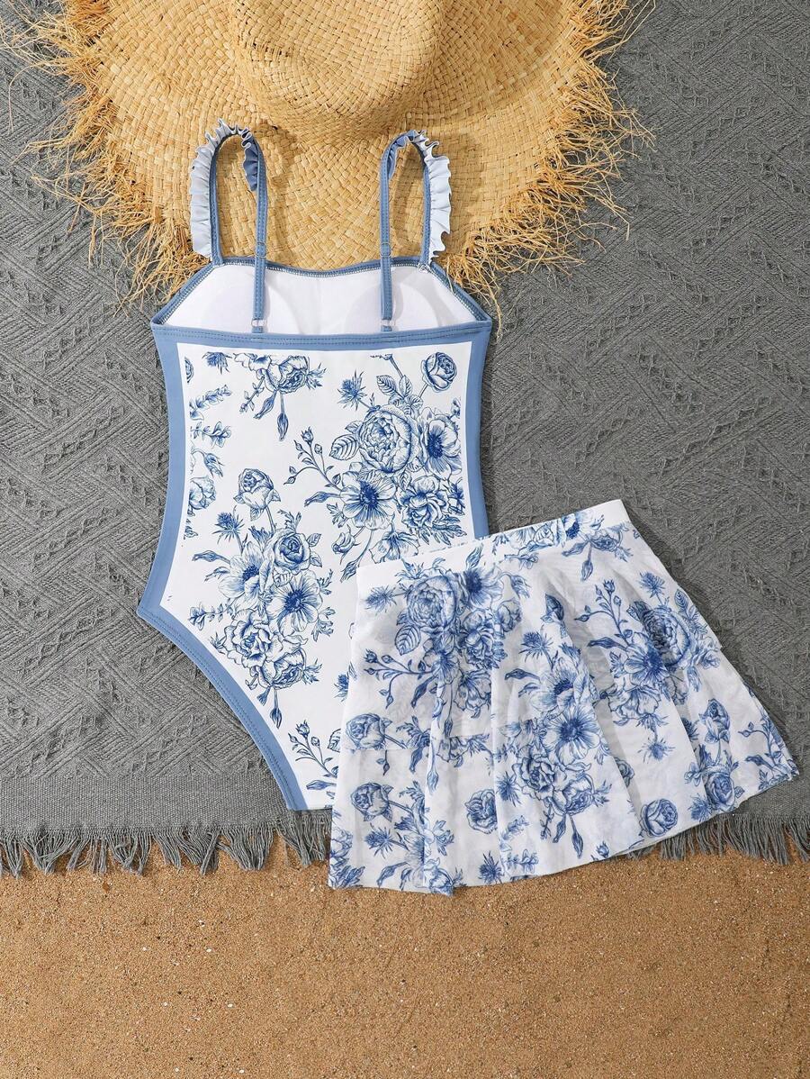 SHEIN Tween Girl Blue Floral Print Ruffled One-Piece Swimsuit With Beach Skirt - Multicolor - View 1