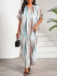 SHEIN Lady Vestido largo elegante y casual para trabajo y fiesta con estampado de rayas, cuello en V, abertura y mangas de mariposa para mujer - Marrón - Ver 3