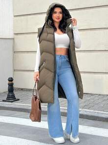 EURMUSE Women's Casual Sleeveless Curve Hooded Vest, Dailywear, Zipper, Pocket - Army Green - View 5