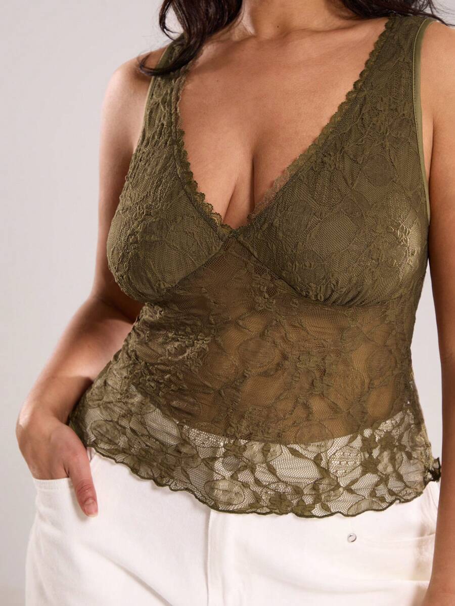 SHEIN BAE 大码女装高街绿色花卉蕾丝透视休闲性感露脐上衣，Y2K风格，度假装，母亲节，母亲节礼物，妈妈，复活节加大码，假日之夜，夏季外套，优雅，音乐会，夏季，性感，生日，婚礼，毕业典礼，夜店女装