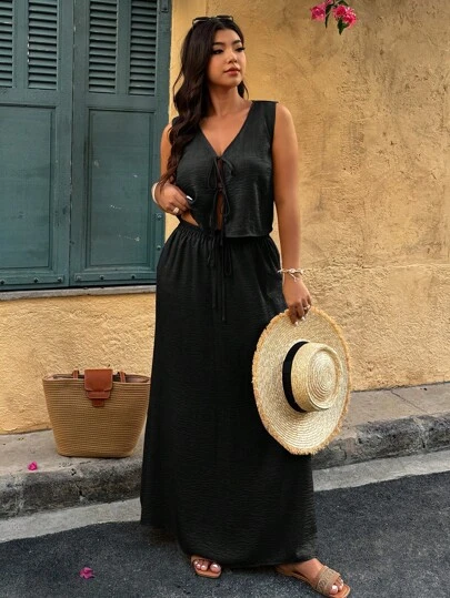 Breezaya 大码女式纯色系带前吊带背心和迷你裙套装，适合度假