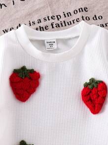 Elladie kids 年轻女孩可爱华夫格针织草莓装饰上衣和喇叭裤两件套服装，适合春秋旅行 - 紅色 - 查看 8