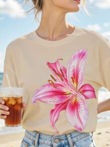 SHEIN Regular Fit Women's Round Neck T-Shirt With Digital Hibiscus Flower Pattern - Apricot - View 1