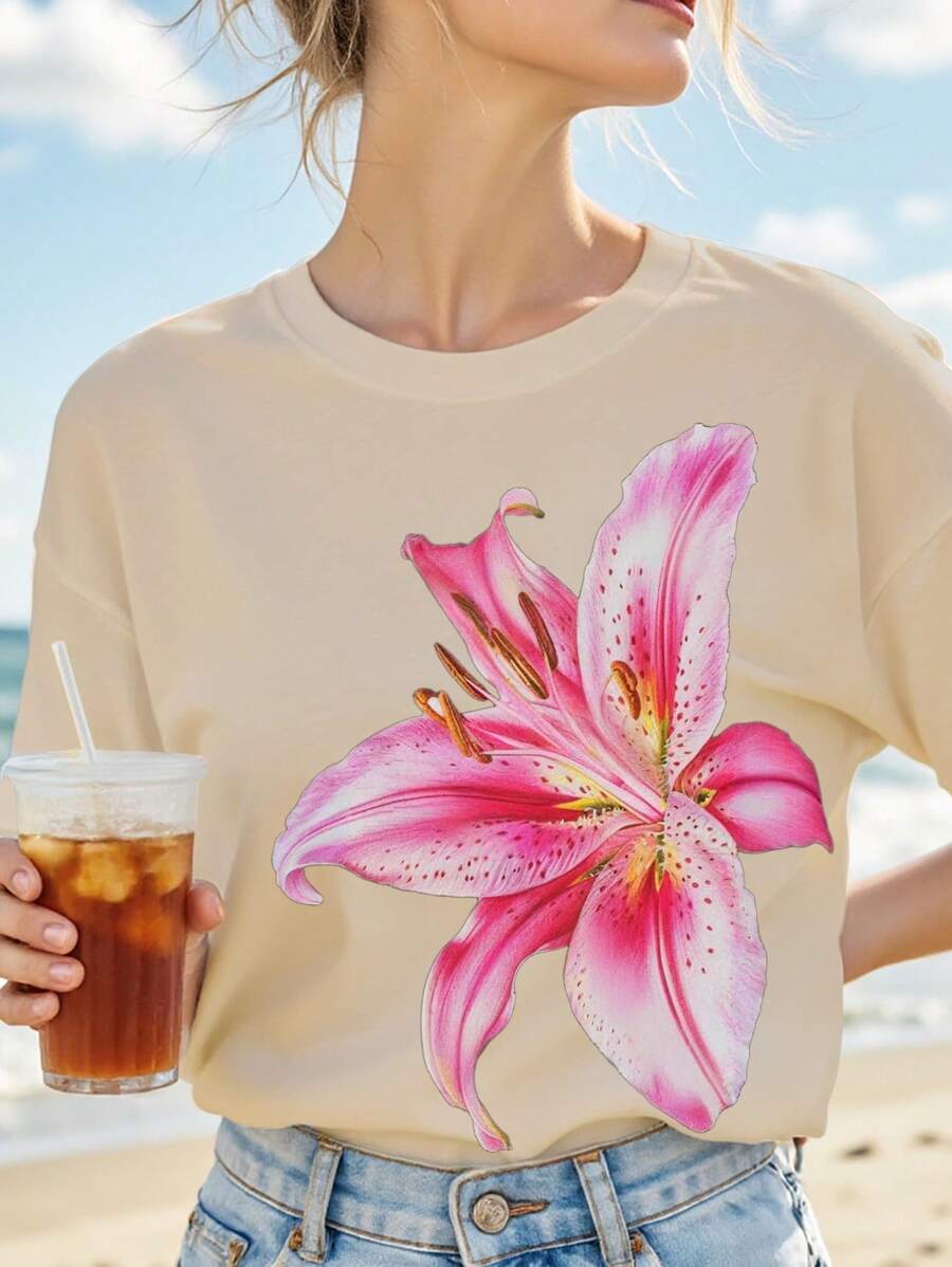 SHEIN Regular Fit Women's Round Neck T-Shirt With Digital Hibiscus Flower Pattern - Apricot - View 1