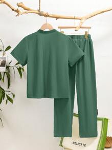 SHEIN Leap Crew 2pcs/Set Older Boys Loose Fit Stand Collar Plain Woven Short Sleeve Shirt And Long Pants Set - Green - View 2
