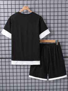 2pcs Set: Teenage Boys Casual Deep Blue Round Neck Short Sleeve T-Shirt With White Sleeve Cuffs & Letter Print, Paired With White Letter Patch Decorated Shorts, Summer Activewear