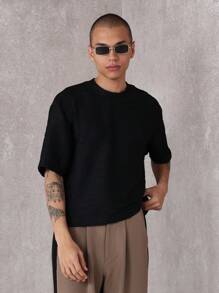 SUMWON Essential Ribbed Short Sleeve Crew Neck T-Shirt Lightweight Casual Athletic Fashion Top Streetwear Urban Modern Basic Layering Piece Spring Summer - Black - View 1