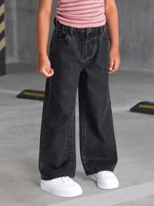 SHEIN 年轻女孩时尚休闲洗水牛仔直筒裤，带刺绣后袋，阔腿牛仔裤，儿童宽松牛仔裤，年轻女孩，女孩 - 深灰色 - 查看 3