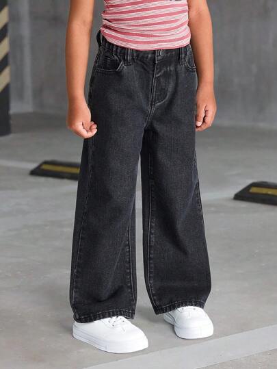 SHEIN Young Girls Fashionable Casual Washed Denim Straight-Leg Pants With Embroidered Back Pockets Wide Leg Jeans Kidsbaggy Jeans Young Girl Girls, School, Campus, College Summer Holiday