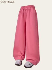 SHEIN Explorewe 1 pieza Pantalones largos casuales y cómodos de tela texturizada blanca de alta calidad para niñas preadolescentes, nueva llegada de verano - Rosa coral - Ver 4
