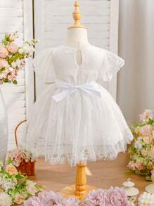 SHEIN Glamorique Kids Vestido de princesa con decoración de flores de encaje para niña, vestido de niña de las flores, vestido de bebé elegante, vestido elegante para bebé niña, ropa de verano para bebé niña, vestidos de bebé niña elegantes - Blanco - Ver 2