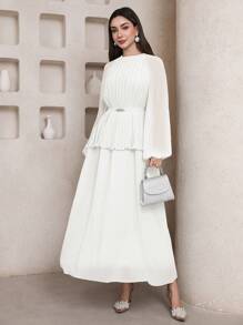 Veilorie Women Elegant Solid Color Waist Wrap Long Sleeve Abaya Dress - Beige - View 4