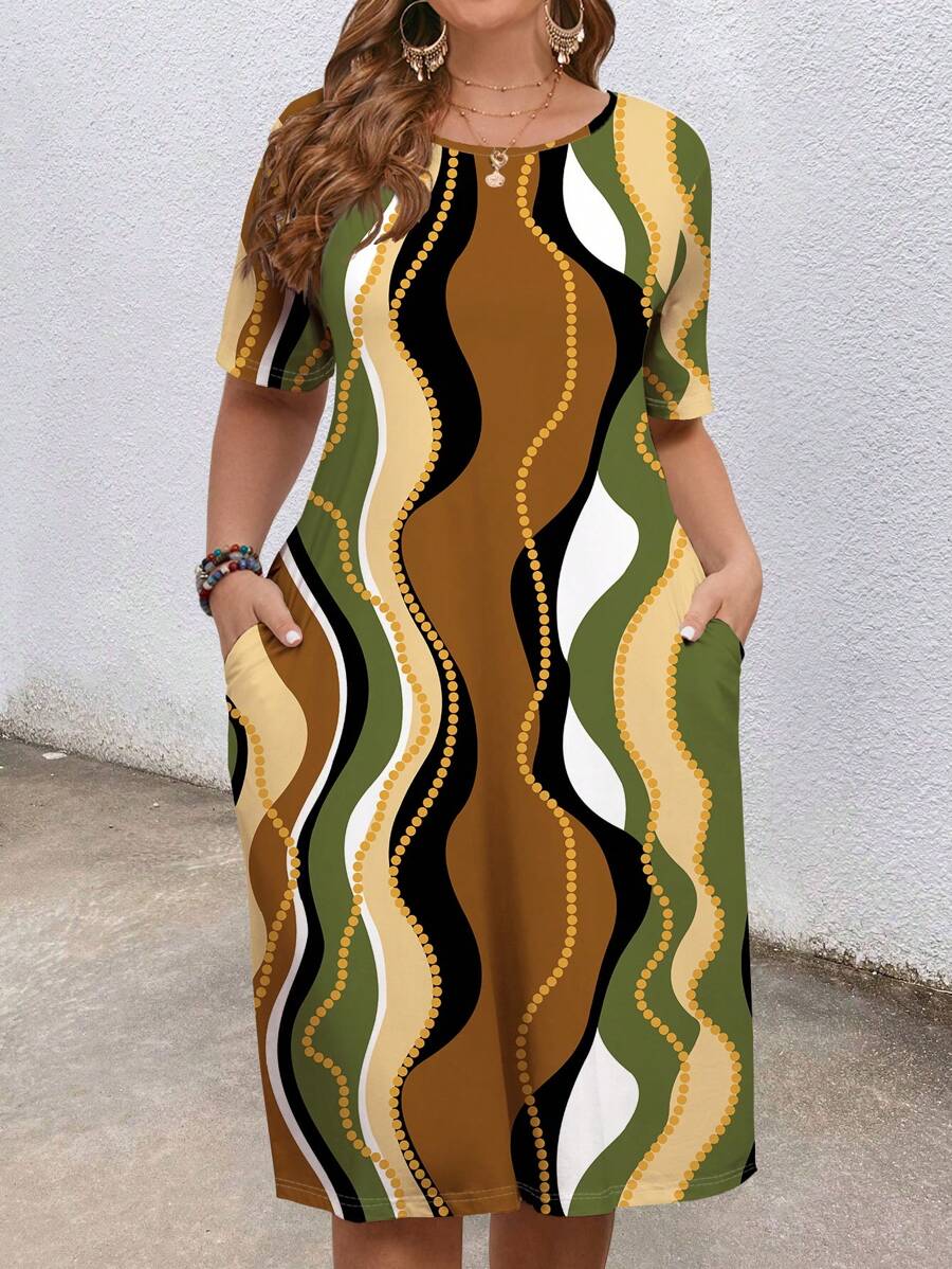 EMERY ROSE Plus Size Women's Wave Striped Geometric Print Crew Neck Country Vacation Dress, Spring/Summer Suitable For Going Out Chic Dress - Multicolor - View 1
