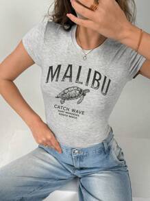 INAWLY Y2K 乌龟标语印花女式婴儿 T 恤 MALIBU CATCH WAVE SURF MEMORIES SIESTA BEACH 图案 T 恤女式上衣 - 淺灰色 - 查看 3