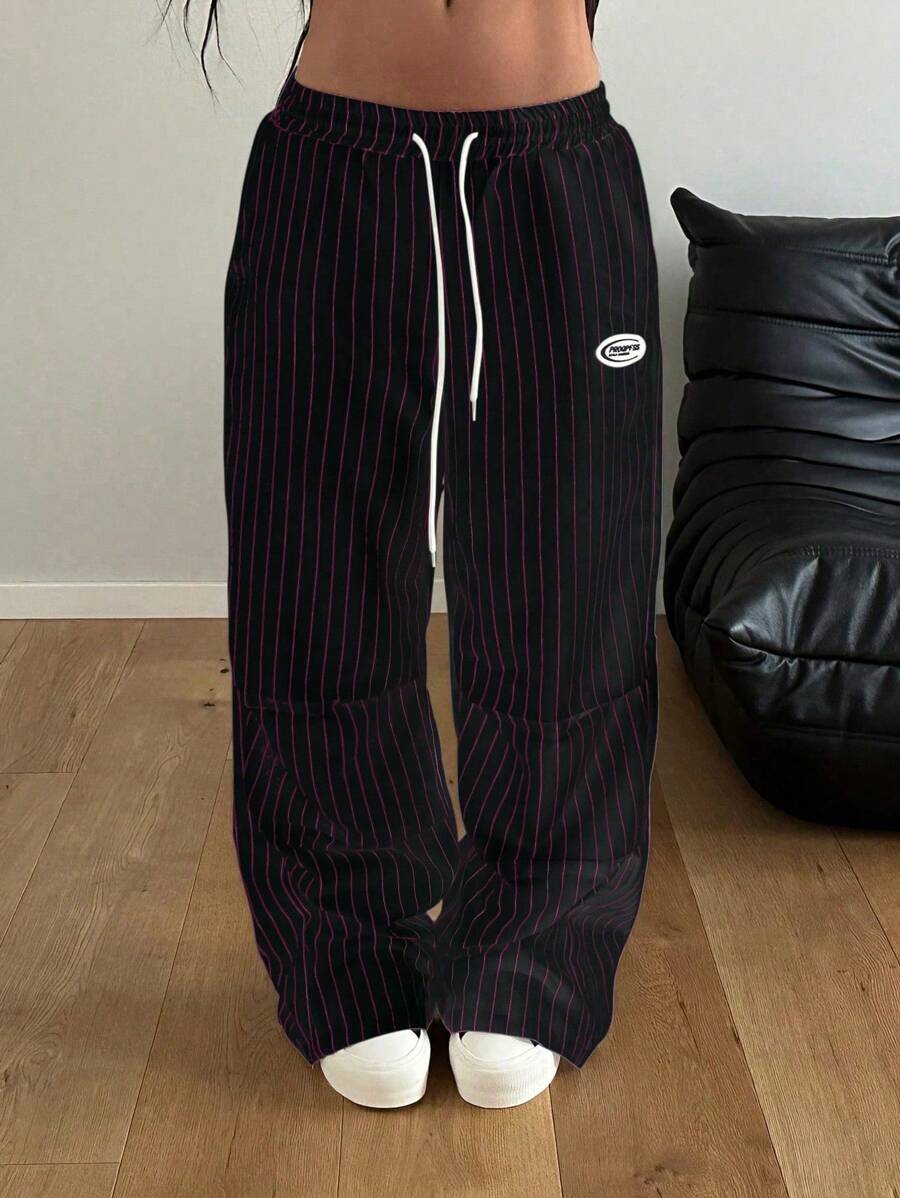 StreetHx 女士街头时尚条纹抽绳宽松黑白长裤 - 彩色 - 查看 1