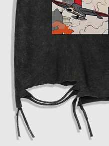 ROMWE MEN Anime Men's Anime Crew Neck Short Sleeve Cat Print Casual Top, For Daily Wear