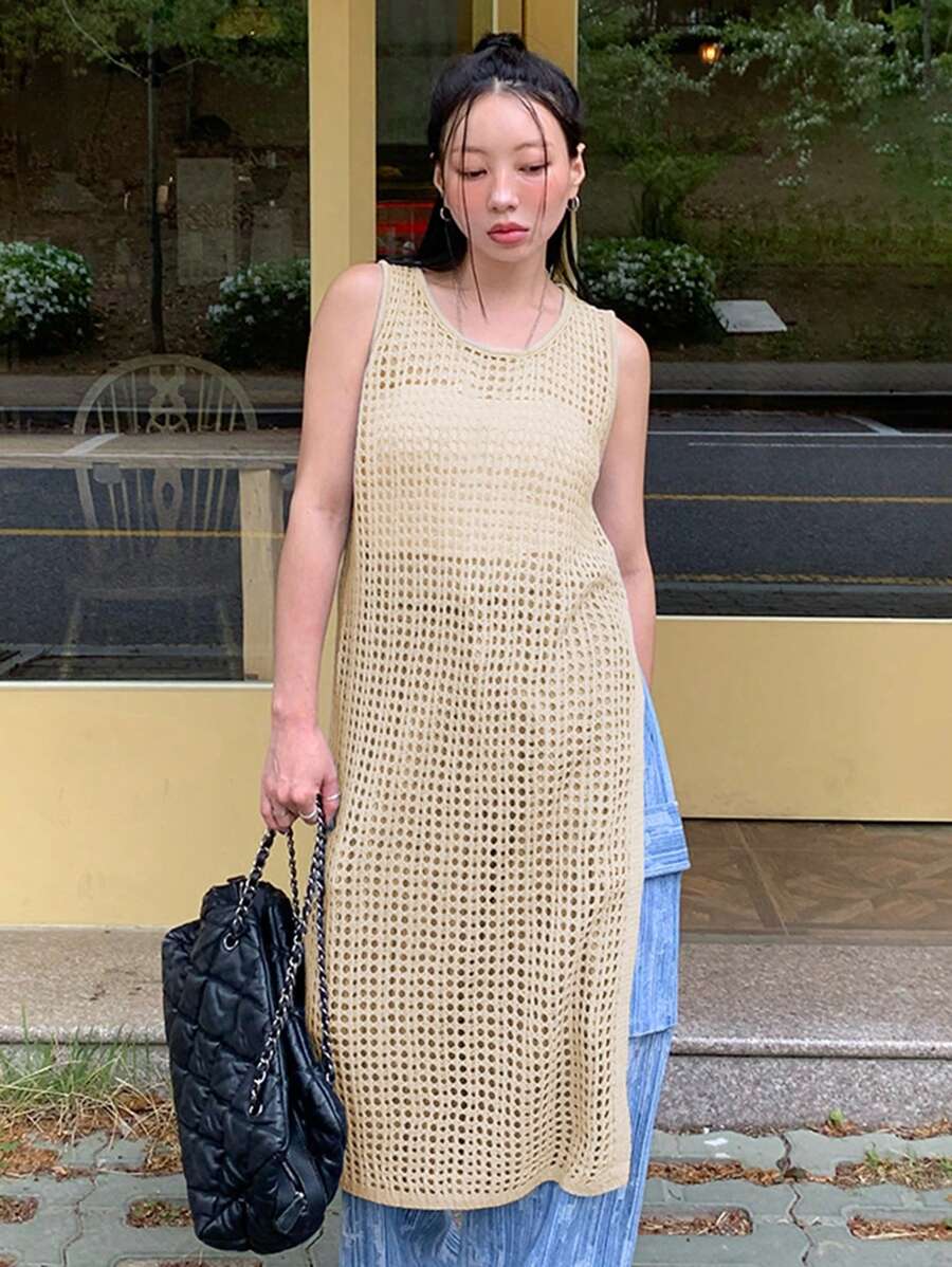 DAZY 女士镂空圆领长款针织衫度假装 - 米色 - 查看 1
