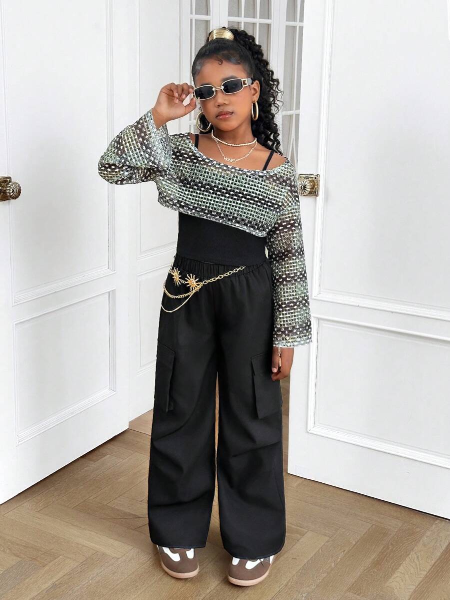 Bộ 3 món áo crop top lưới thời trang cho bé gái tuổi mới lớn có áo hai dây dệt kim và quần ống rộng rộng rãi, ngọt ngào và cá tính, trở lại trường, phong cách đường phố - Nhiều màu - Xem 1