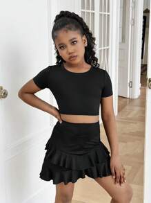 SHEIN Tween Girl Soft Knit Fitted Twisted Back Sports Short Sleeve T-Shirt - Black - View 2