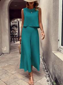 EMERY ROSE 2pcs Women Vacation Casual Solid Color Camisole And Pants Set - Blue - View 3