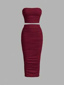 SHEIN Essnce 女士夏季休闲纯色褶皱露肩上衣外出上衣抹胸及膝修身裙套装机场装返校服装女式两件套抹胸套装秋季外出套装，3 件