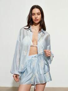 GENKIRA Set de 2 piezas con blusa suelta de manga abullonada con cuello vuelto y bordado elegante, y shorts con cordón en la cintura - Azul - Ver 6