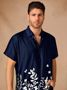 GENTILAND Men's Casual Woven Floral Pattern Regular Fit Short Sleeve Shirt - Navy Blue - View 3