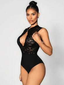 Sirith 女士蕾丝镂空金属装饰无袖紧身衣 - 黑色 - 查看 3