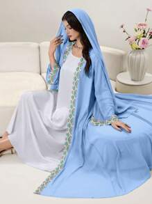 Al Najma Spring/Summer Arabic Style Abaya With Headscarf, Decorative Floral Trim On Collar, Cuffs And Flared Sleeves, Modest Robe - Blue - View 8