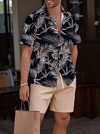 Manfinity RSRT Men's Hawaiian Vacation Tropical Plant Print Short Sleeve Shirt And Shorts Set, Cozy Outfits