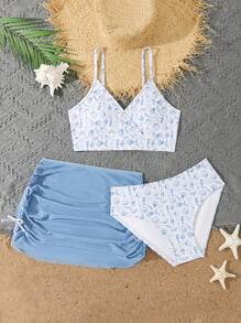 青少年女孩贝壳印花 3 件套比基尼套装（带裙子），时尚休闲优雅，适合游泳、度假、夏季