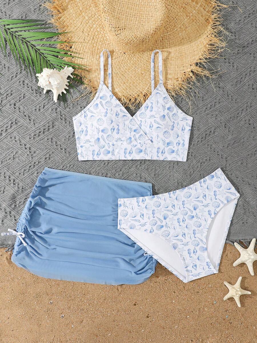 青少年女孩贝壳印花 3 件套比基尼套装（带裙子），时尚休闲优雅，适合游泳、度假、夏季