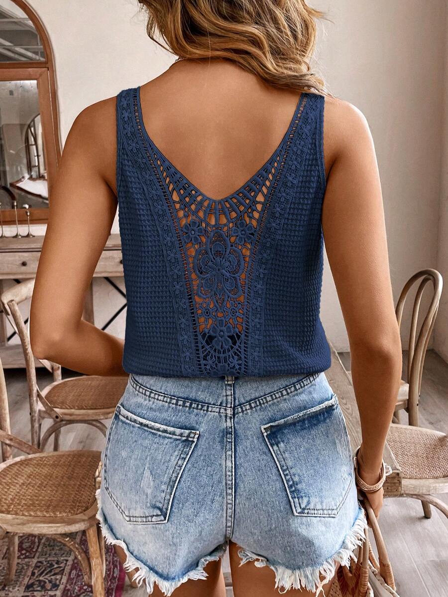 SHEIN Frenchy Women Lace Patchwork Textured Camisole Summer - Blue - View 1