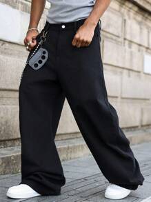 Manfinity EMRG Men's Black Washed Loose Barrel Leg Casual Jeans Hang Out Street Sport College - Black - View 4