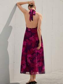 SHEIN Privé Váy xòe hở lưng cổ chữ V họa tiết hoa phong phú, chất liệu vải chiffon thoải mái, kiểu Pháp thanh lịch & tinh tế dành cho nữ, đơn giản & sang trọng - Nhiều màu - Xem 2