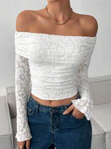 Siren Gaze Women's Solid Lace Ruffle Off Shoulder Long Sleeve T-Shirt, Suitable For Summer Off The Shoulder Top Winter Chic White Casual Spring - White - View 3