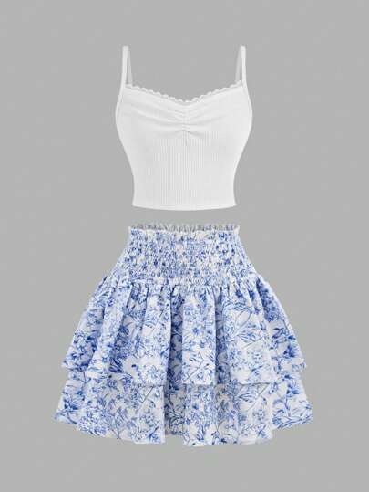 SHEIN Girlism 青少年女孩休闲简约舒适吊带背心和迷你裙 2 件套