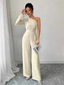 Elenzga Women Solid Color One Shoulder Long Sleeve Elegant Waisted Straight Jumpsuit - Apricot - View 1