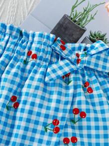 女童蓝白樱桃格子编织短裤，带荷叶边腰部、蝴蝶结装饰和不对称下摆 - 藍色 - 查看 5