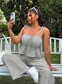 SHEIN EZwear Plus Size 2pcs Set: Casual Vacation Style Square Neck Striped Tie-Front Crop Top & High Waist Striped Wide Leg Pants, Spring/Summer