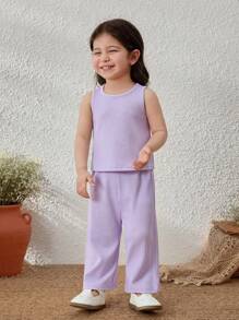 Blossori Baby Girls French Elegant Purple Knit Vest/Long Pants Set, Spring/Summer - Purple - View 7