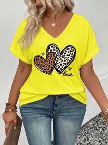 INAWLY Women V-Neck Short Sleeve Leopard Print Heart Graphic Casual Versatile T-Shirt, Spring & Summer - Yellow - View 5